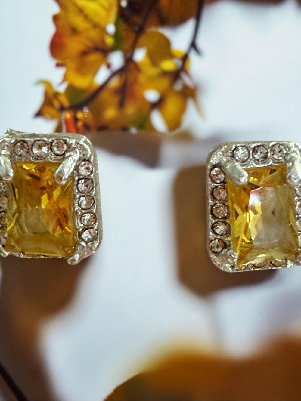 Yellow Crystal Square Halo Stud Earrings